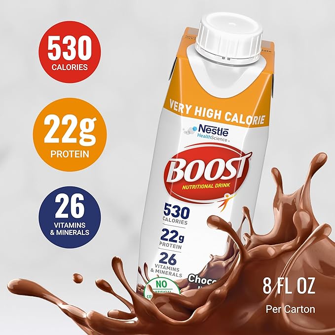BOOST Very High Calorie Nutritional Drink – Helps Weight Gain &amp Maintenance - 530 Calories - 26 Vitamins &amp Minerals - 22 g Protein - Calorie-Dense Nutritional Drink - Chocolate - 8 fl oz (Pack