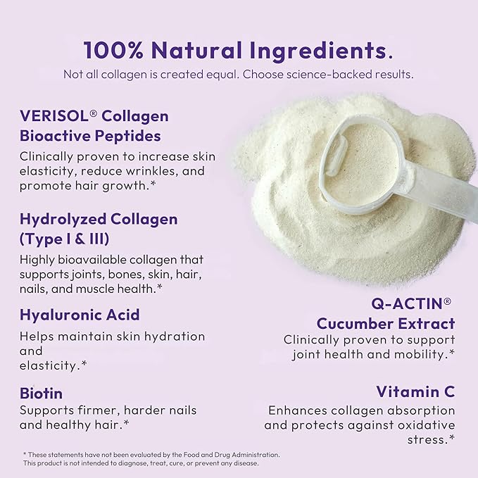 VERISOL® Hydrolyzed Collagen Peptides Type I &amp III with Vitamin C Hyaluronic Acid Biotin Q-ACTIN® | Unflavored Powder for Smooth Skin Thick Hair Strong Nails &amp Joint Health | 30 Servings