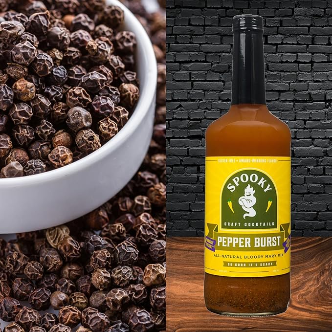 SPOOKY - Pepper Burst Bloody Mary Mix - Made With All Premium Natural Ingredients - No Artificial Color or Flavor - No Preservative No MSG Low Carb Low Calorie &amp Gluten Free - 32 Oz (Pack of 2