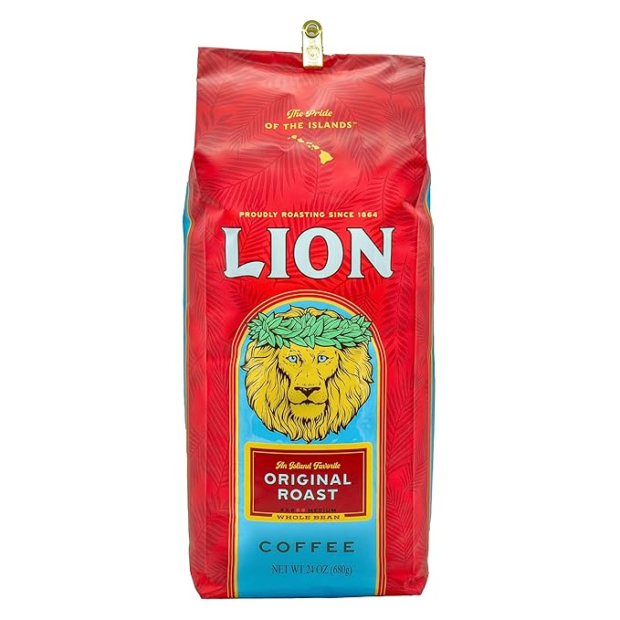 Lion Coffee 24K Gold Roast 100% Kona Whole Bean Coffee Medium-Light Roast A Taste of Aloha - 7 Ounce Bag
