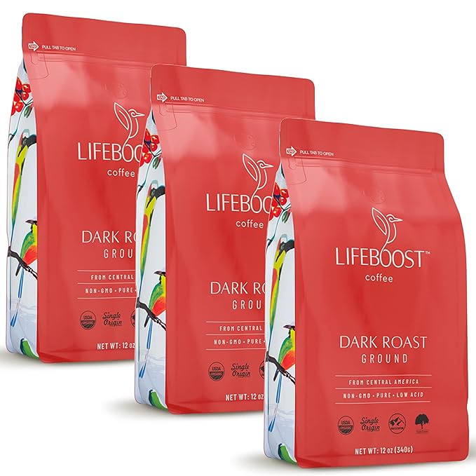 Lifeboost Coffee 3 Pack Dark Roast Ground Coffee - Low Acid Single Origin USDA Organic Coffee - Non-GMO Ground Coffee Beans Dark Roast Third Party Tested For Mycotoxins &amp Pesticides - 12 Ounces