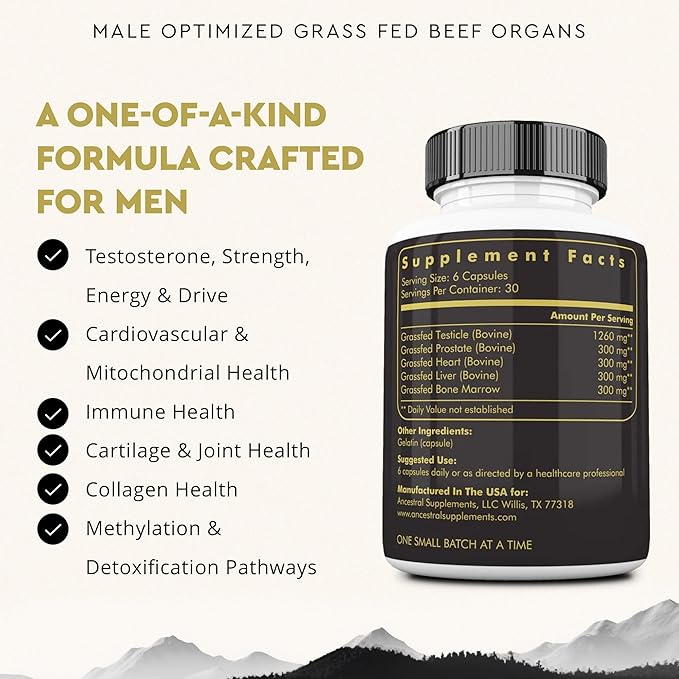 Ancestral Supplements Mofo Supplements for Men Support for Energy Levels and Overall Men's Health and Wellness Non-GMO Grass Fed Beef Organ Supplement with Liver No Fillers 180 Capsules