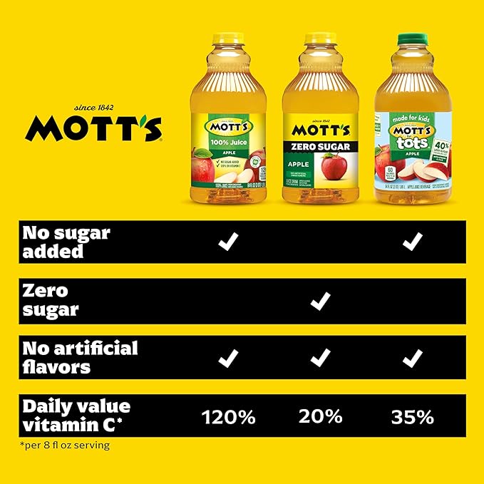 Mott's Zero Sugar Apple Juice Drink 64 fl oz Bottle (Pack of 8) Apple Flavor Excellent Source of Vitamin C