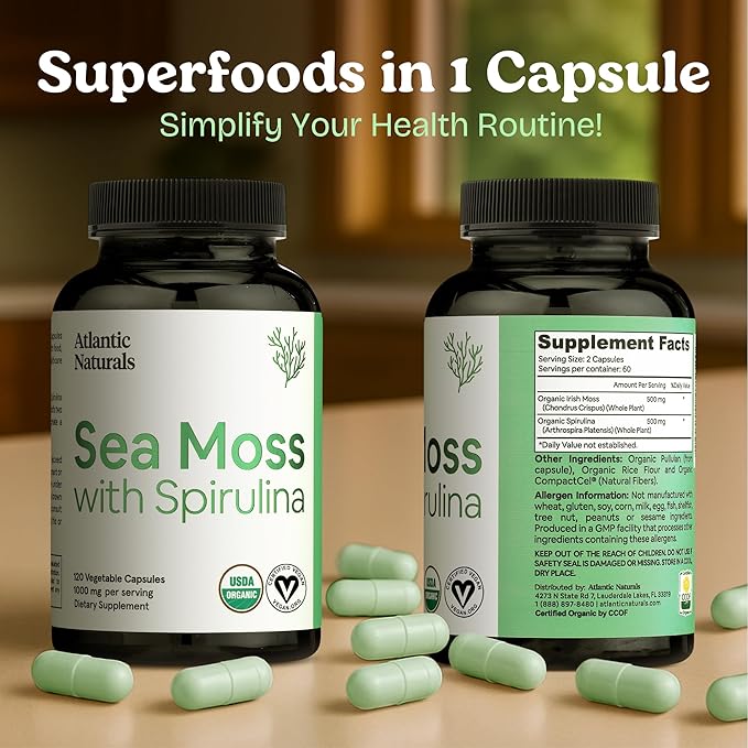 Atlantic Naturals Sea Moss with Spirulina Superfood Capsules - Multivitamin Supplement Supports Healthy Iron and Immune Health Alternative to Seamoss Gel and Powder - Irish Sea Moss Capsules (120 ct)