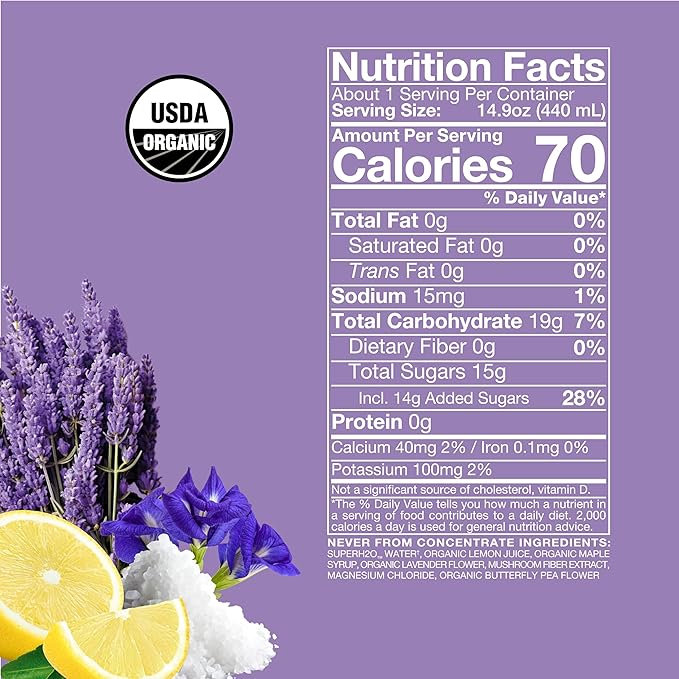 Organic SuperAde Hydration Drink Digestive Health + Balanced Mood SuperFood Lemonade by Sol-ti Cold-Pressed Lavender Magnesium &amp Lemon Juice Blend16 Pack (14.9 Fl oz)