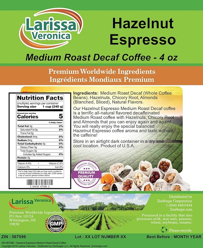 Hazelnut Espresso Medium Roast Decaf Coffee (Gourmet Naturally Flavored Whole Coffee Beans) (4 oz ZIN: 567096) - 3 Pack