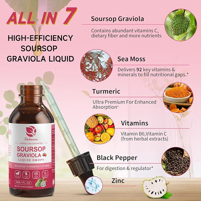 (2 Pack) Soursop Graviola Leaf Extract Liquid Drop Plus Pure Botanical Sea Moss for Cell Support &amp Regeneration Immunity and Gut Health Soursop Bitters Liquid丨Full TextureStrawberry Flavor1 Fl