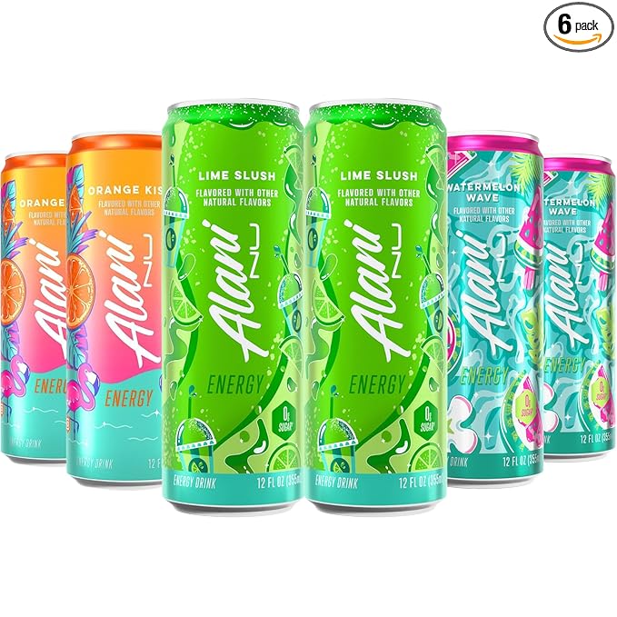 New Alani Energy Drinks Lime Slush Orange Kiss Watermelon Wave Variety Pack 0 Suger Low-Calorie Energy Boost Drinks 12 fl oz (Pack Of 6)