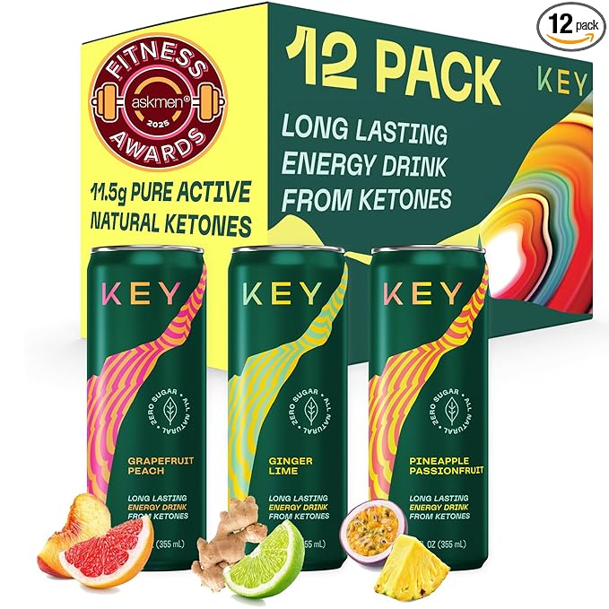 KEY Ketone Drink - Ketones for Energy &amp Focus Sugar Free &amp Low Caffeine from Green Tea with L-Theanine No Crash or Jitters All Natural Lightly Carbonated Variety Pack (Pack of 12)