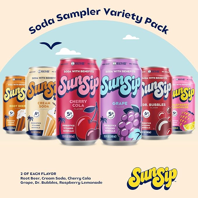 SunSip Prebiotic Soda by Health-Ade Better-for-You Soda Swap Beverage with Vitamins and Minerals Naturally Sweetened with 6g of Sugar or less Soda Sampler Variety Pack 11.5 oz (12 Pack)