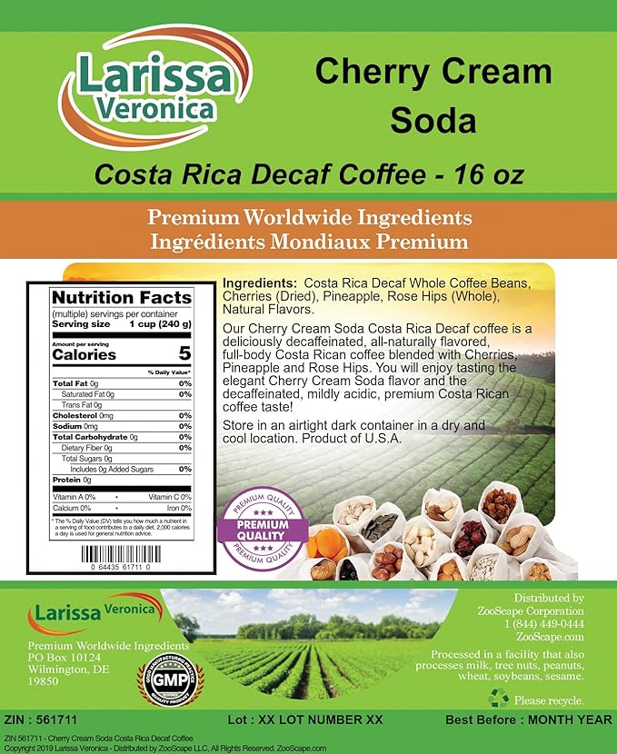 Cherry Cream Soda Costa Rica Decaf Coffee (Gourmet Naturally Flavored Whole Coffee Beans) (16 oz ZIN: 561711)