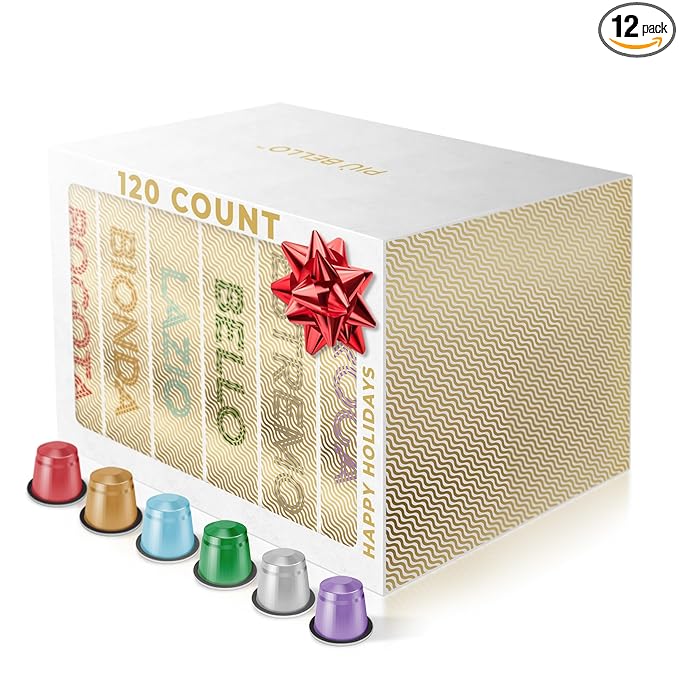 Piu Bello Espresso Coffee Pods – Variety Pack for Nespresso Original Machines – Light Roast Dark Roast Chocolate Nutty Caramel – Kosher Rich &amp Balanced (120 Count 6 Flavors)