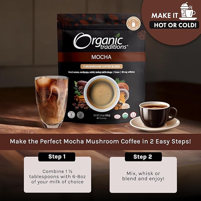 Organic Traditions Mocha Mushroom Coffee Instant Coffee Blend with Cacao Lion’s Mane Chaga Reishi Cordyceps Turkey Tail Dairy Free Adaptogenic Superfoods to Support Energy and Focus 200g / 7oz