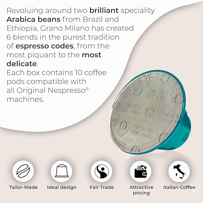 Grano Milano Ristretto - 50 Espresso Pods Compatible with Nespresso Original line Medium Roast - Intensity 10/12 Espresso Coffee Capsules Made in Italy
