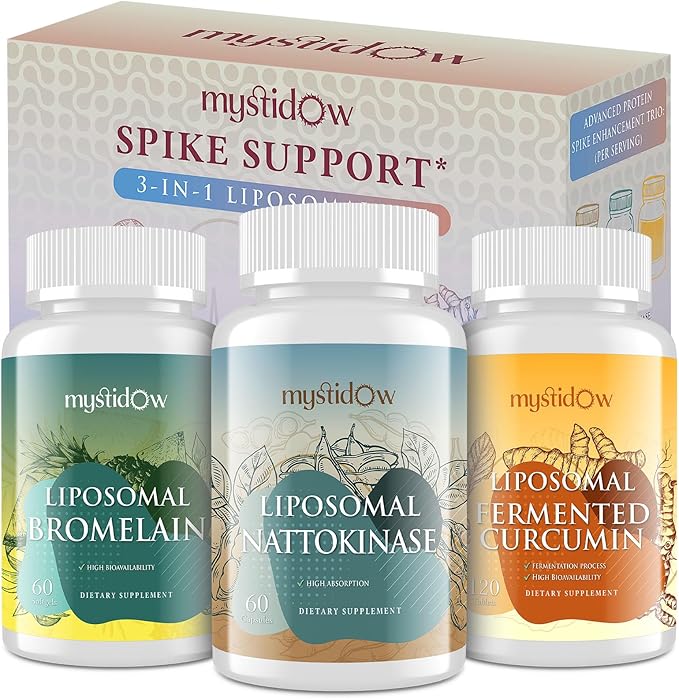 Spike Support Trio | Liposomal Nattokinase 8000 FU 500mg Bromelain 1150 mg &amp Fermented Curcumin 1800 mg | High Potency Enhanced Absorption Formula | for Immune Heart &amp Circulatory| 60 Servi