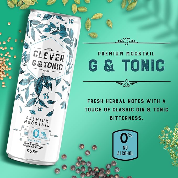 CLEVER - G &amp Tonic Nonalcoholic Mocktails for Any Occasion Refreshing Beverages Inspired by Gin &amp Tonic Low-Calorie Mocktails Non-alcoholic Drinks with 80 Calories Pack of 12 (12 oz Ea)