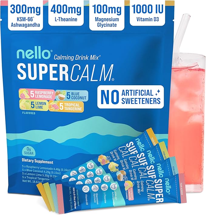 Nello Supercalm Powdered Drink Mix Cortisol Reducer* and Sleep Aid Supplement L Theanine Ksm-66 Ashwagandha Magnesium Glycinate Vitamin D 3 No Sugar Non GMO On The Go 20 Ct Variety Pack