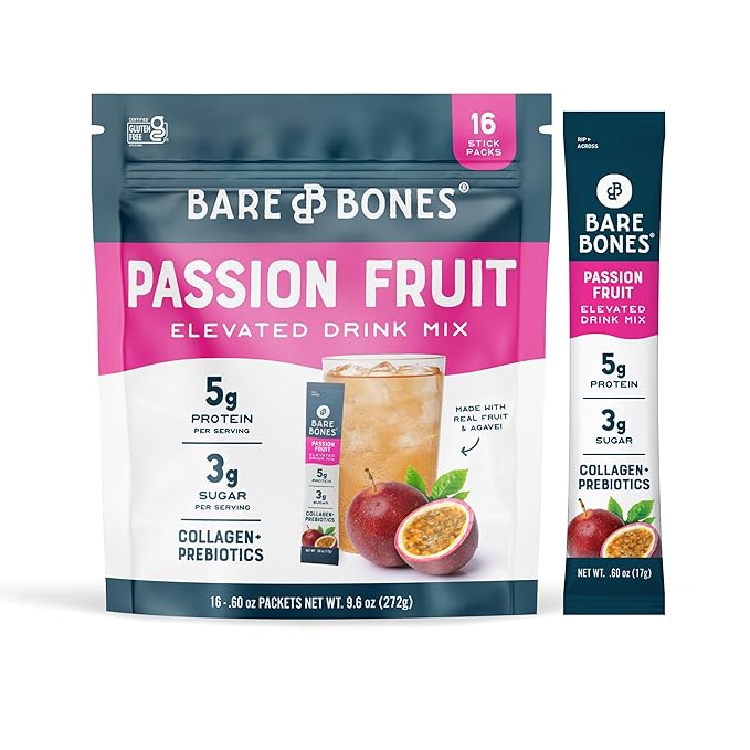Bare Bones Passion Fruit Elevated Drink Mix | Light &amp Flavorful | Gluten-Free &amp Naturally Sweetened | On-the-Go Stick Single-Serve Packs Powdered Refreshment | 5g Protein | 16 Packets (.60 oz)