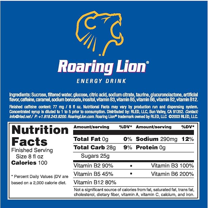 Roaring Lion energy drink (1 Gallon Bag-in-Box Syrup Concentrate) - Box Pours 6 Gallons of Energy Drink - Use with Bar Gun Soda Fountain or Home Beverage System