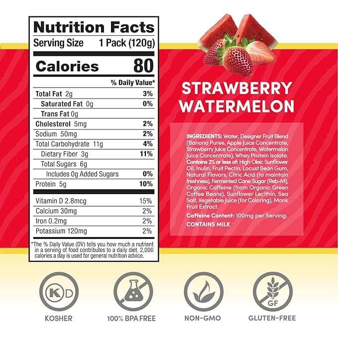 Designer Wellness Energy Smoothie Real Fruit 100mg Natural Caffeine 5g Protein Low Carb Zero Added Sugar Gluten-Free Strawberry Watermelon 12 Count