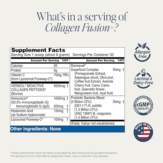 Advanced Beauty Collagen for Skin Elasticity Hair &amp Nails | Collagen Fusion+ 7-in-1 with VERISOL® Peptides ImmunoLin® IgG Hyaluronic Acid &amp Probiotics | Gut &amp Immune Support | Unflavore