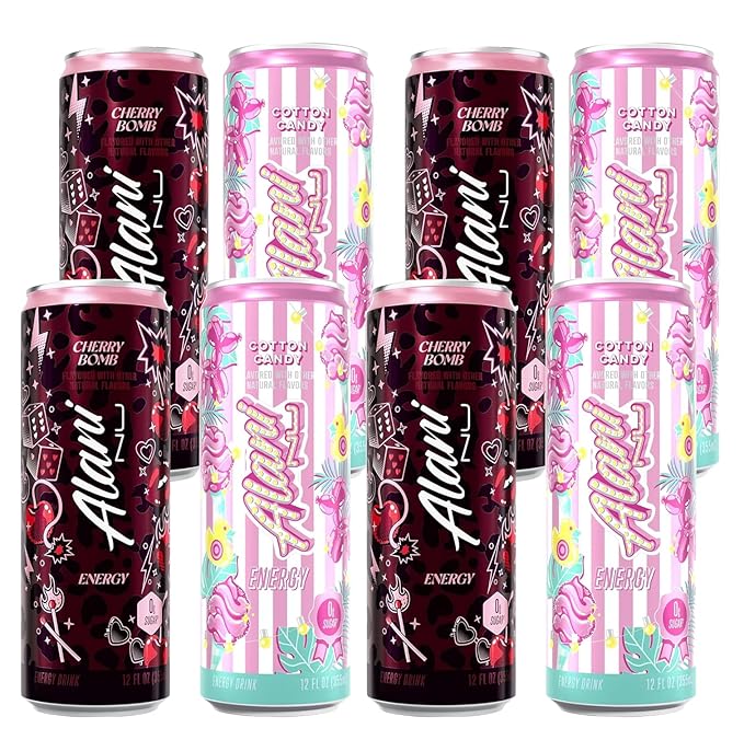 Alani Cherry Bomb &amp Cotton Candy Energy Drink Sugar Free Low Calorie Energy Drinks 12 fl oz Cans (Pack of 8)