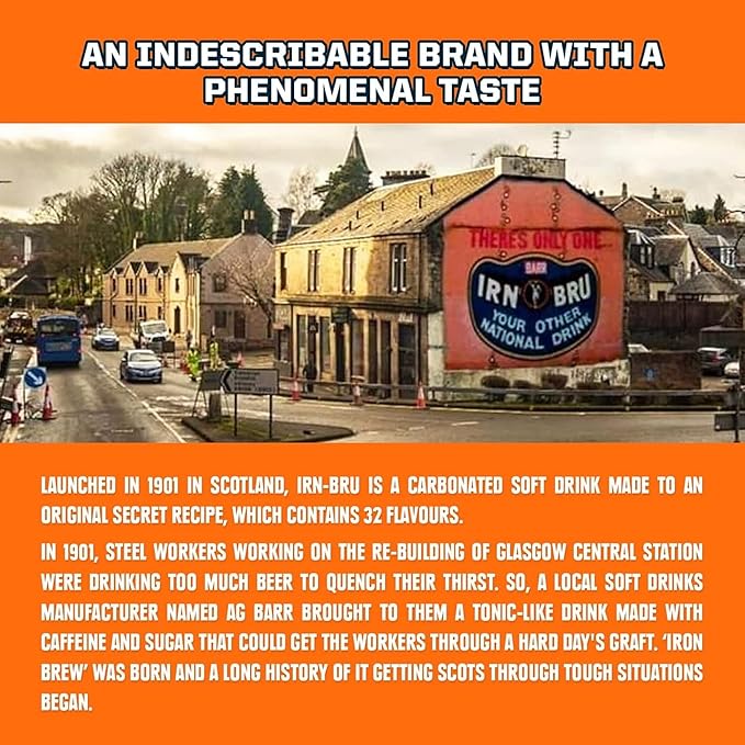 IRN-BRU Original Scottish Sparkling Soda Citrus Flavored Carbonated Drink - Sparkling Flavored Soft Drink 32 Flavor Recipe 16.9 fl oz Bottles Pack of 6