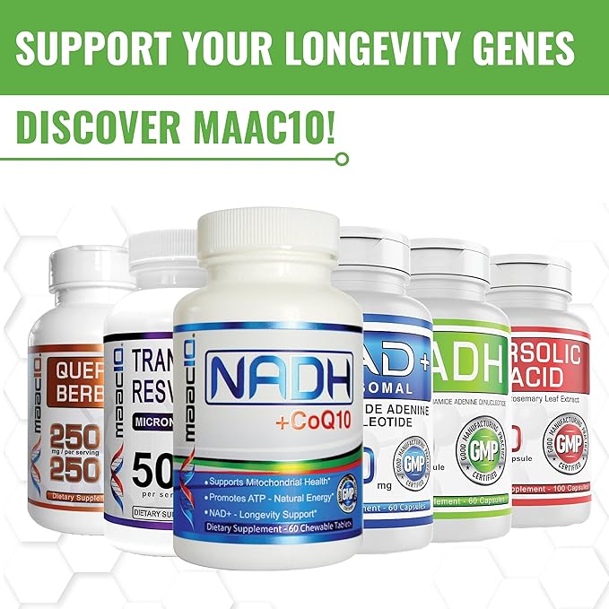 MAAC10 NADH Supplement 20mg Each 60 Capsules for Energy Fatigue Mental Focus &amp NAD+ Longevity Support | Pharmaceutical Grade 99% Pure NADH