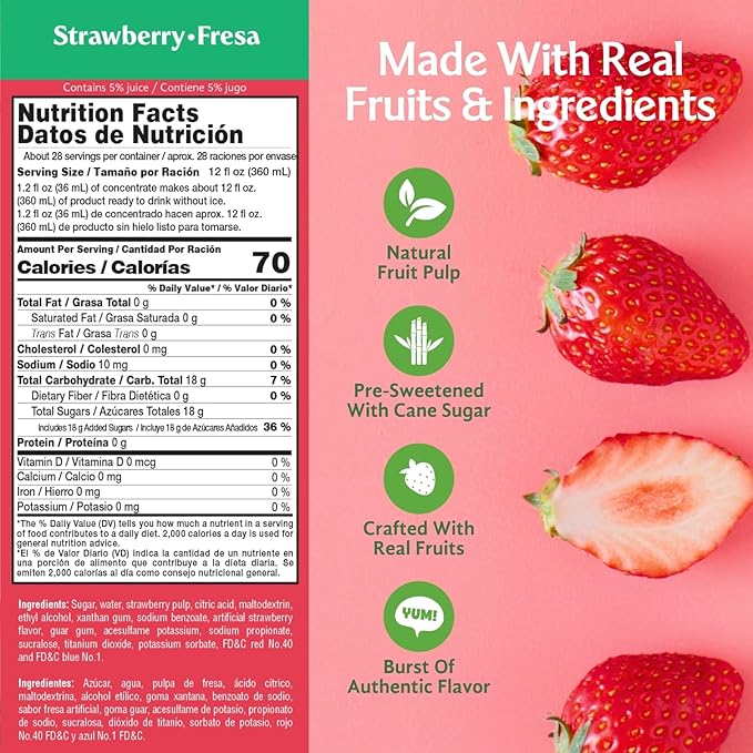 Frutiva Authentic Strawberry Drink Mix | Made in Mexico with Cane Sugar Oats &amp Cinnamon | Aguas Frescas Concentrate Makes 2.6 Gallons Per Bottle | No High Fructose Corn Syrup | Perfect for Drinks