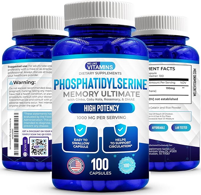 We Like Vitamins Phosphatidylserine Supplement with Gingko Biloba Gotu Kola DMAE - Improves Focus Memory Cognitive Function - Soy-Free 1000mg Memory Ultimate Complex - 100 Easy-to-Swallow Capsules