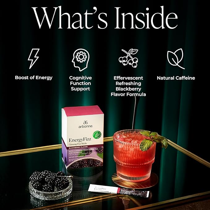 Arbonne Ginseng Energy Supplements - Blackberry Flavor Fizz Sticks Energy Boost with Caffeine Powder from Guarana and Green Tea Delicious Alternative to Caffeine Pills