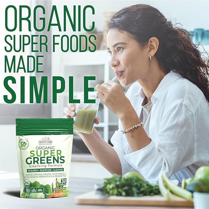 Country Farms Super Greens Natural Flavor 50 Organic Super Foods USDA Organic Drink Mix (Wheat Grass Spirulina Chlorella) Mushrooms &amp Probiotics Fiber Gut Health Natural Energy 30 Servings