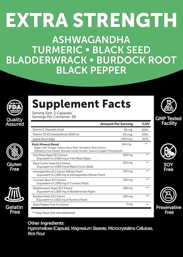 Lunakai USA Made Irish Sea Moss Capsules with Black Seed Oil Ashwagandha Burdock Root &amp Bladderwrack 60ct