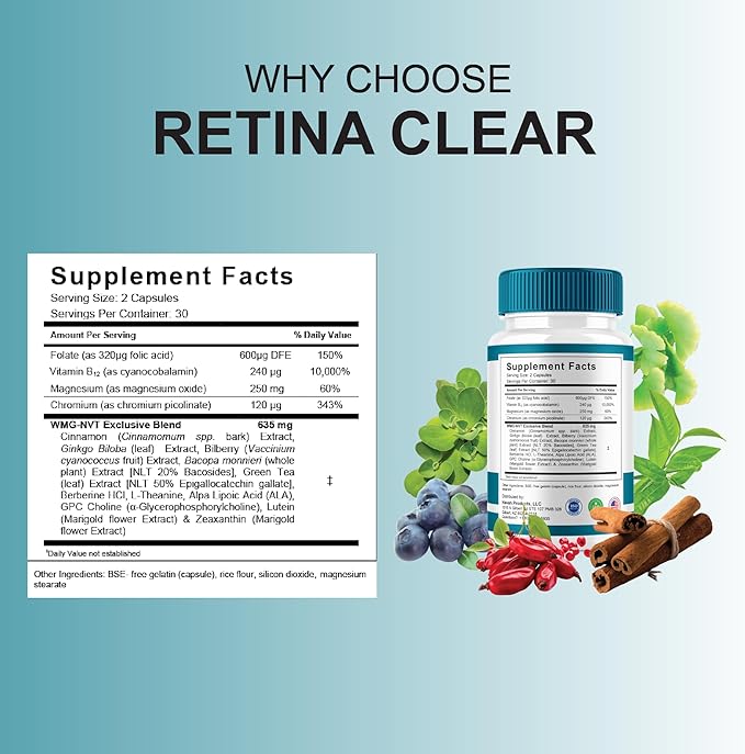 (2 Pack) Retina Clear Advanced Eye Health Supplement Retina Clear Max Strength Overall Vision &amp Wellness Supplement RetinaClear Advanced Vision Support and Eye Health Formula Pills (120 Capsules