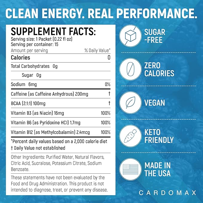 CardoMax - Energy Drink Packets - Liquid Preworkout for Men &amp Women Caffeine Packets with BCAA Vitamin B12 Vitamin B6 &amp B3 - Sugar-Free Zero Calorie Vegan &amp Keto - 15 Stick Packs - Blu
