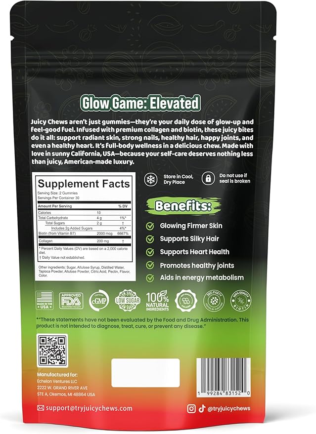 Biotin and Collagen Gummies | Low Sugar Non-GMO Collagen Gummies for Men and Women| All Natural Flavors | 60 Gummies | 30 Servings | Watermelon Flavor