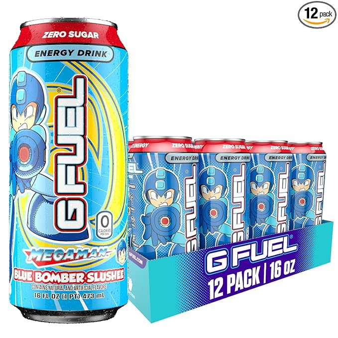 G Fuel Energy Drink Blue Raspberry Sugar Free Beverage with 300mg Caffeine Daily Energy Boost with Focus Amino Vitamin + Antioxidants 16 oz Cans (Megaman Blue Bomber 12-Pack)