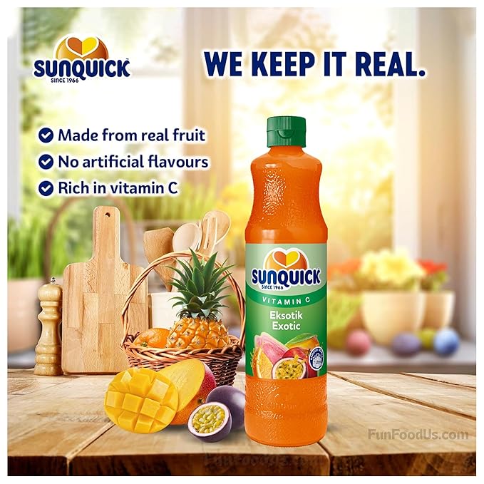 NEW! Sunquick Concentrate Exotic Juice (700 ml Bottle) No Artificial Flavours Colours or Sweeteners Contains Vitamin A &amp C - MADE with Real Fruit - Natural Blend of Exotic Flavourings