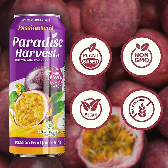 Paradise Harvest Passsion Fruit Juice Drink with Pulp 55% Real Fruit Juice NFC 16.57 Fl Oz (490mL) Pack of 12