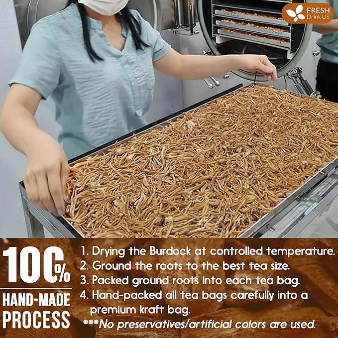 FreshDrinkUS Premium 135 Burdock Root Tea Bags 100% Natural &amp Pure. Made with Natural Material Tea Bags. No Sugar No Caffeine No Gluten Vegan.