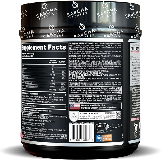 SASCHA FITNESS Hydrolyzed Multi Collagen Peptides Tipes 12 &amp 3 |Hyaluronic Acid|Biotin |Cynatine HSN|Vitamin C &amp E |for Hairs Skin &amp Bone Support|Strawberry Lemonade