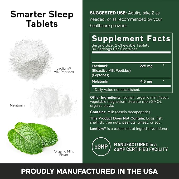 SMARTERNUTRITION Smarter Sleep Melatonin Dissolvable Tablets 4.5mg + Natural Clinically Proven Lactium® for Sleep &amp Stress Support - Mint Flavor Melatonin Tablets - Non-GMO-180 Count[90-Day Supply