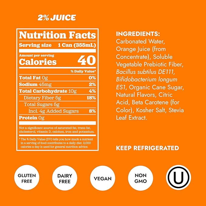 Slice Healthy Soda Orange Prebiotic &amp Probiotic Soda Pop 5g Fiber 40 calories 12 fl oz 12 Pack