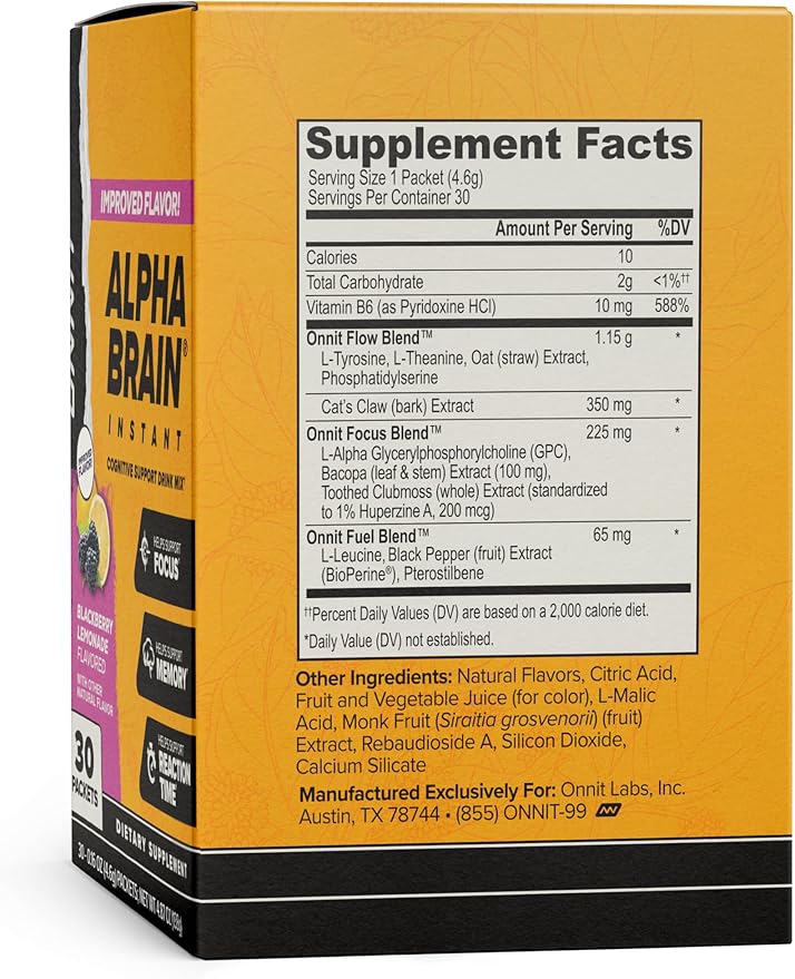ONNIT Alpha Brain Instant Cognitive Support Drink Mix BlackBerry Lemonade Flavor Nootropic Supplement for Focus Memory and Clarity 0.13 oz Packets 30 Count
