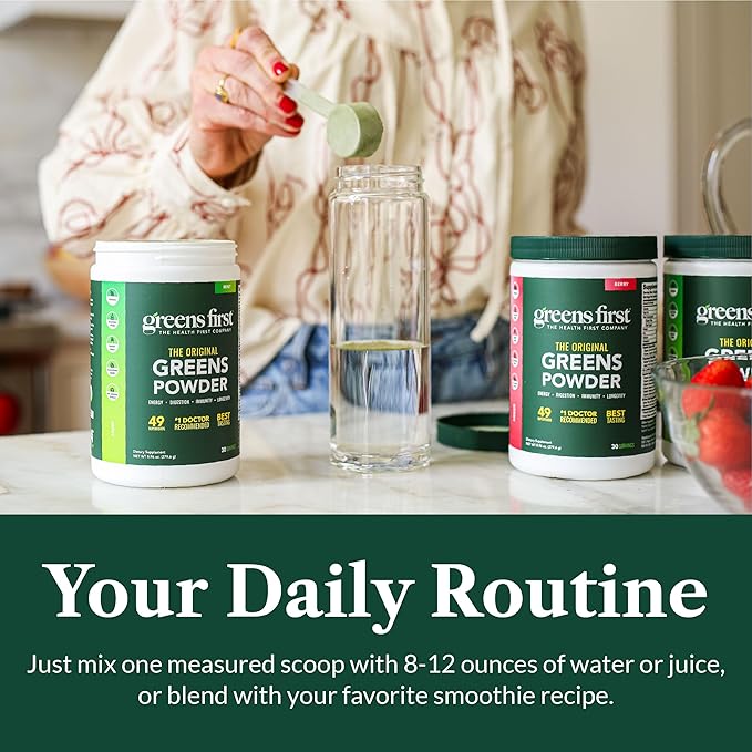 Greens First Original Greens Powder - 49 Superfoods - Organic Fruits &amp Veggies - Prebiotics Probiotics &amp Digestive Enzymes - Antioxidant Smoothie - Dairy Free Vegan &amp Non-GMO (Mint 60 S