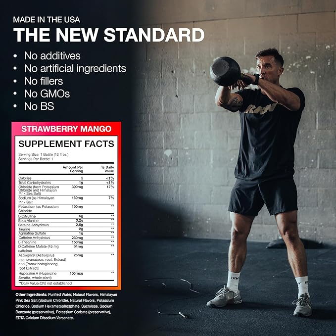 RAW Ready to Drink Pre-Workout Drink - BUM Thavage RTD Preworkout Shakes - Energy Supplement Drinks with Beta Alanine L-Citrulline &amp Caffeine - Zero Sugar (12 Pack Strawberry Mango)