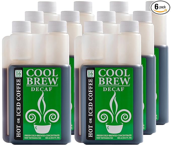 CoolBrew Decaf 6 Pack - 16 DRINKS PER BOTTLE - Fresh Cold Brew Liquid Concentrate - For Iced or Hot Coffee Unsweetened No Preservatives