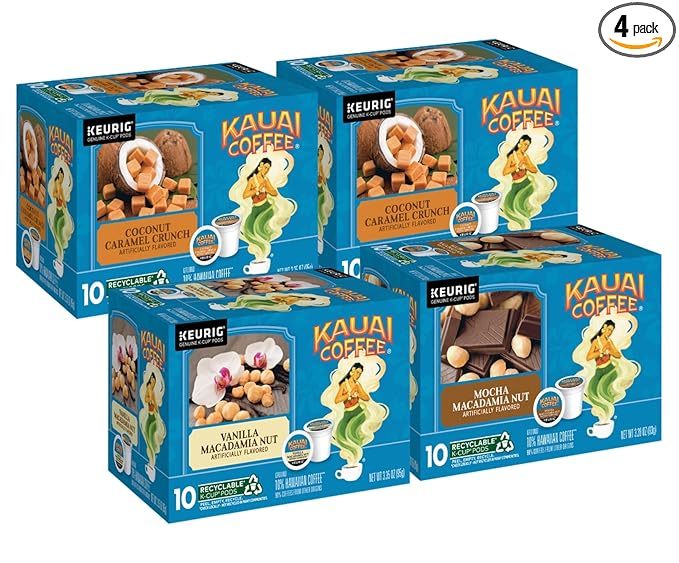 Kauai Coffee K-Cup Pods for Keurig Brewers – Arabica Coffee 10% Hawaiian – Medium Roast Rich Smooth No Bitterness – Three Flavors 4 Packs of 10 Single Serve K-Cups