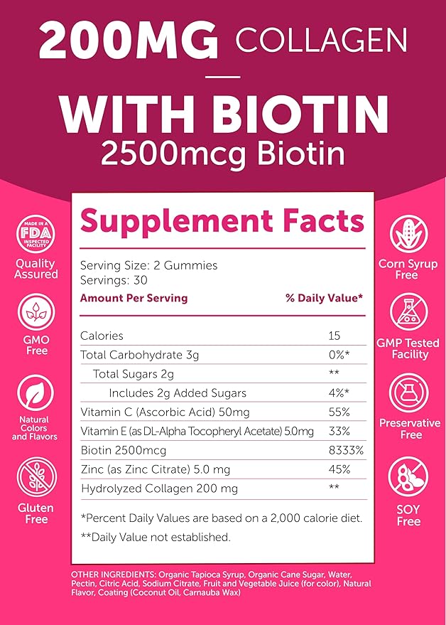 Lunakai USA Made Collagen Peptides Gummies - 200mg Non-GMO Anti-Aging Formula with Biotin Zinc Vitamins C &amp E for Hair Skin and Nails 60ct