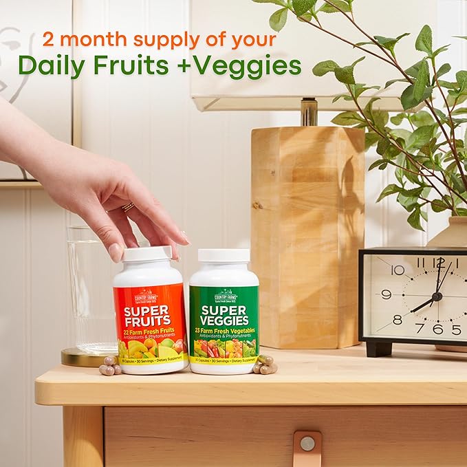 Country Farms Fruits and Vegetables Supplement 180 Fruit and 180 Veggie Capsules Greens and Reds Packed with Superfoods Powerful Antioxidants 60 Servings